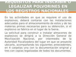 REQUISITOS PARA INSCRIBIR O 
LEGALIZAR POLVORINES EN 
LOS REGISTROS NACIONALES 
En las actividades en que se requiere el uso