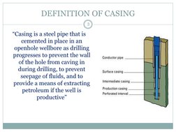 DEFINITION OF CASING 
“Casing is a steel pipe that is 
cemented in place in an 
openhole wellbore as drilling 
progresses to