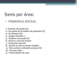 Ítems por Área:
•  PERSONAL SOCIAL:
1.-Vestirse sin ayuda (0)
2.- Se aparta de la madre sin protestar (I):
3.- Se abotona (I)