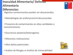 • Agentes	  contaminantes	  pueden	  ser	  desconocidos	  
• 	  Metodologías	  de	  análisis/control	  desconocidas
