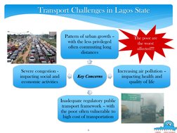 The poor are 
the worst 
affected!!!
Transport Challenges in Lagos State
Key Concerns
Pattern of urban growth –
with the less