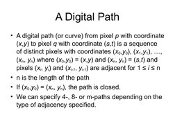 A Digital Path
• A digital path (or curve) from pixel p with coordinate 
(x,y) to pixel q with coordinate (s,t) is a sequence