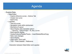 Agenda
• Explore Data
– Data Editor
• Explore All/some curves – Actions Tab
• Create new curve
• Build array
– LogView 
• Vie