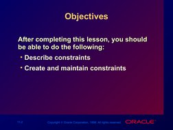 11-2
Copyright  Oracle Corporation, 1998. All rights reserved.
Objectives
After completing this lesson, you should 
After co