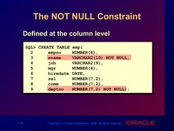 11-8
Copyright  Oracle Corporation, 1998. All rights reserved.
The NOT NULL Constraint
Defined at the column level
Defined a