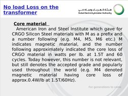 Core material  
      American Iron and Steel Institute which gave for 
CRGO Silicon Steel materials with M as a prefix