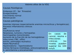 Valores altos de la VSG
Causas fisiológicas
Embarazo (2º - 3er  Trimestre)
Envejecimiento
Crecimiento normal
Menstruación
Cau