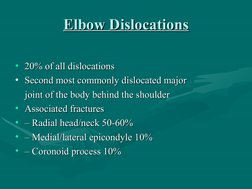 Elbow Dislocations
Elbow Dislocations
• 20% of all dislocations
20% of all dislocations
• Second most commonly dislocated