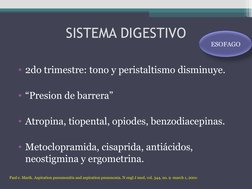 SISTEMA DIGESTIVO
• 2do trimestre: tono y peristaltismo disminuye.
• “Presion de barrera”
• Atropina, tiopental, opiodes, ben