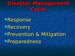 Response
Response
Recovery
Recovery
Prevention & Mitigation
Prevention & Mitigation
Preparedness
Preparedness
Disaster Ma