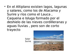 • En el Altiplano existen lagos, lagunas 
y salares, como los de Atacama y 
Surire y ríos como el Lauca , 
Caquena e Isluga f