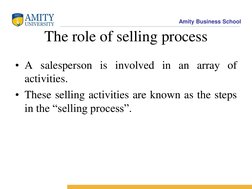Amity Business School 
The role of selling process 
• A salesperson is involved in an array of 
activities. 
• These selling