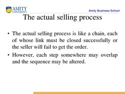 Amity Business School 
The actual selling process 
• The actual selling process is like a chain, each 
of whose link must be