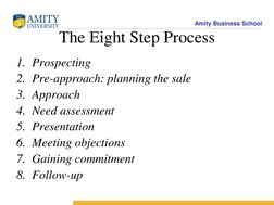 Amity Business School 
The Eight Step Process 
1. Prospecting 
2. Pre-approach: planning the sale 
3. Approach 
4. Need asses