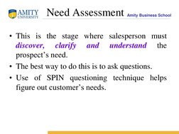 Amity Business School 
Need Assessment 
• This is the stage where salesperson must 
discover, 
clarify 
and 
understand 
the
