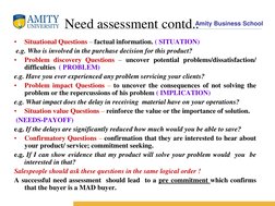 Amity Business School 
Need assessment contd.. 
•
Situational Questions – factual information. ( SITUATION) 
 e.g. Who is inv