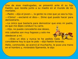 Una de esas madrugadas, se presentó ante él su hijo 
Faetón, que residía junto a su madre en el mundo de los 
mortales.
—Padr