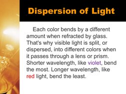 Each color bends by a different 
amount when refracted by glass. 
That's why visible light is split, or 
dispersed, into diff