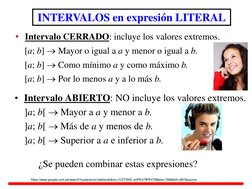 • Intervalo CERRADO: incluye los valores extremos. 
    [a; b]  Mayor o igual a a y menor o igual a b. 
    [a; b]  Como mí