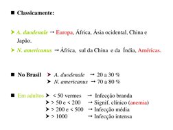 Classicamente:
A. duodenale Europa, África, Ásia ocidental, China e 
Japão. 
N. americanus África,  sul da China  e da