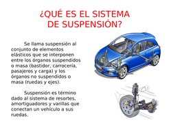 ¿QUÉ ES EL SISTEMA 
DE SUSPENSIÓN?
Se llama suspensión al 
conjunto de elementos 
elásticos que se interponen 
entre los órga