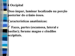 4 Occipital
Osso ímpar, laminar localizado na porção 
posterior do crânio ósseo.
Características anatômicas:
 Faces, partes