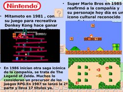 •
Mitamoto en 1981 , con 
su juego para recreativa 
Donkey Kong hace ganar 
a Nintendo ríos de dinero.
•
Super Mario Bros en