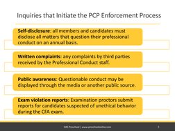 Inquiries that Initiate the PCP Enforcement Process
Self-disclosure: all members and candidates must 
disclose all matters th