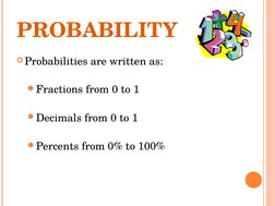 PROBABILITY
Probabilities are written as:
Fractions from 0 to 1
Decimals from 0 to 1
Percents from 0% to 100%
