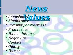 News 
News 
Values
Values
 Immediacy
 Significance
 Proximity or Nearness
 Prominence
 Human Interest
 Negativity
 Con