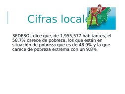 SEDESOL dice que, de 1,955,577 habitantes, el 
58.7% carece de pobreza, los que están en 
situación de pobreza que es de 48.