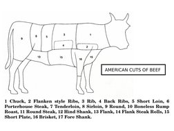 AMERICAN CUTS OF BEEF
1 Chuck, 2 Flanken style Ribs, 3 Rib, 4 Back Ribs, 5 Short Loin, 6 
Porterhouse Steak, 7 Tenderloin, 8