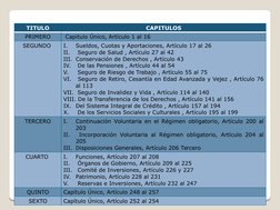 TITULO
CAPITULOS
PRIMERO
 Capitulo Único, Artículo 1 al 16  
SEGUNDO 
I.
Sueldos, Cuotas y Aportaciones, Artículo 17 al 26 
I