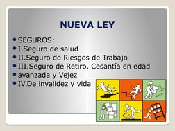 NUEVA LEY
SEGUROS:
I.Seguro de salud
II.Seguro de Riesgos de Trabajo
III.Seguro de Retiro, Cesantía en edad
avanzada y V