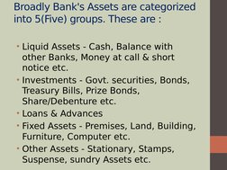 Broadly Bank's Assets are categorized 
into 5(Five) groups. These are :
• Liquid Assets - Cash, Balance with 
other Banks, Mo