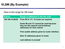9
VLSM (By Example)
Here is the range for /28 mask
Sydney
Range of addresses in the last octet
192.168.10.96/28
From 96 to 11