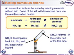 8 of 39
© Boardworks Ltd 2007
Heating ammonium chloride
An ammonium salt can be made by reacting ammonia 
with an acid. Some