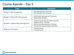 Course Agenda – Day 2
4
Topic
Description
Module 4: Risk Management
• Risk Management Overview 
• Risk Management Lifecycle
M