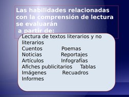Las habilidades relacionadas 
con la comprensión de lectura 
se evaluarán
 a partir de:
Lectura de textos literarios y no 
li