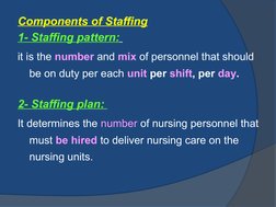 Components of Staffing
1- Staffing pattern: 
it is the number and mix of personnel that should 
be on duty per each unit per