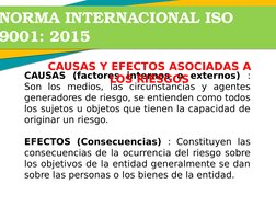NORMA INTERNACIONAL ISO 
9001: 2015
CAUSAS (factores internos o externos) : 
Son los medios, las circunstancias y agentes 
ge