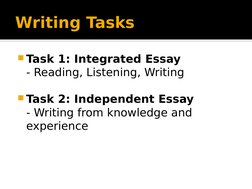 Writing Tasks
Task 1: Integrated Essay
- Reading, Listening, Writing
Task 2: Independent Essay
 - Writing from knowledge an