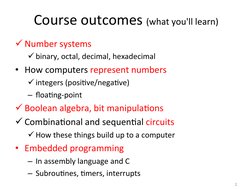 Course	  outcomes	  (what	  you'll	  learn)	  
ü Number	  systems	  
ü binary,	  octal,	  decimal,	  hexadecimal