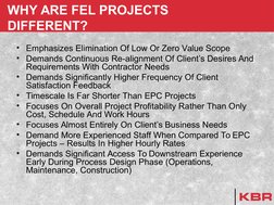 WHY ARE FEL PROJECTS 
DIFFERENT?
• Emphasizes Elimination Of Low Or Zero Value Scope
• Demands Continuous Re-alignment Of Cli
