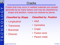 M.S.Rogers T E C H N O L O G Y
Copyright © 2003 TWI Ltd 
Classified by Shape 
Longitudinal 
Transverse 
Branched 
Chevron