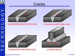 M.S.Rogers T E C H N O L O G Y
Copyright © 2003 TWI Ltd Cracks  
Cracks  
Longitudinal parent metal crack 
Transverse weld me