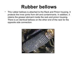 Rubber bellows
•
This rubber bellows is attached to the Rack and Pinion housing. It 
protects the inner joints from dirt and