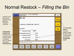Normal Restock – Filling the Bin
If Requested 
Amount does 
not match the 
number you are 
actually putting 
in machine, 
the
