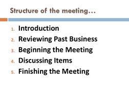 Structure of the meeting…
1. Introduction
2. Reviewing Past Business
3. Beginning the Meeting
4. Discussing Items
5. Finishin