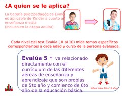 ¿A quien se le aplica?
La batería psicopedagógica Evalúa 
es aplicable de Kínder a cuarto año de 
enseñanza media 
(incluso e